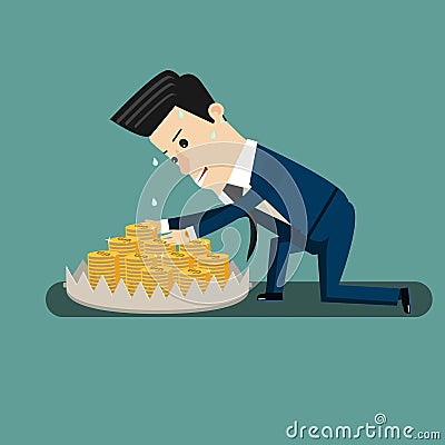 Finance risk concept. young business man look at money on trap. Vector Illustration