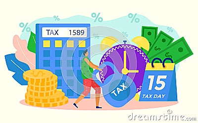 Finance tax, high money rates concept, vector illustration, tiny flat man character hold financial weight, stand near Vector Illustration