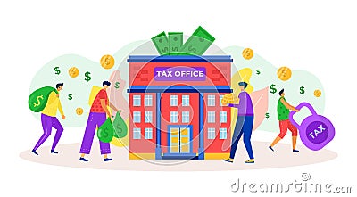 Finance tax, pay money in bank vector illustration. People man woman character make financial payment in building, heavy Vector Illustration