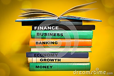 Finance word cloud, Finance related words on book spine Stock Photo