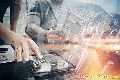 Finance working process.Double exposure photo woman showing business reports modern tablet,diagram screen.Banker manager Stock Photo