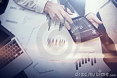 Finance working process.Double exposure photo woman showing business reports modern tablet,diagram screen.Banker manager Stock Photo