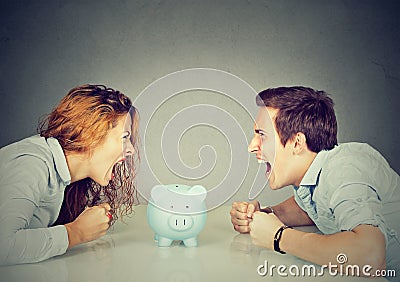 Finances in divorce concept. Wife husband can not make settlement Stock Photo