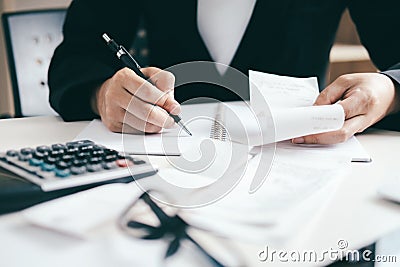 Accountant or banker calculate the cash bill. Stock Photo