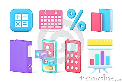 Financial accounting business analyzing commercial management set 3d icon realistic vector Vector Illustration