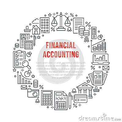 Financial accounting circle poster with flat line icons. Bookkeeping brochure concept, tax optimization, loan, payroll Vector Illustration