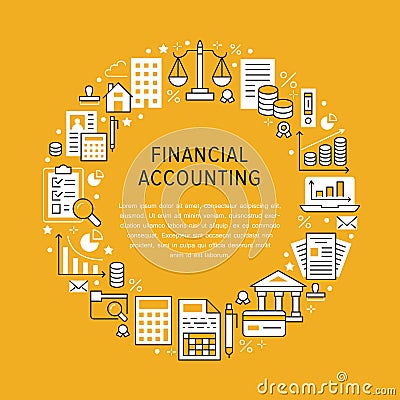 Financial accounting circle poster with flat line icons. Bookkeeping brochure concept, tax optimization, loan, payroll Vector Illustration