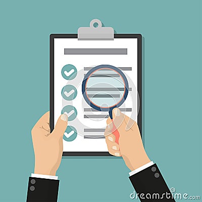 Financial accounting concept. Businessman holding magnifying glass with checklist Vector Illustration