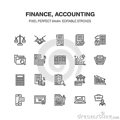 Financial accounting flat line icons. Bookkeeping, tax optimization, firm, accountant outsourcing, payroll, real estate Vector Illustration