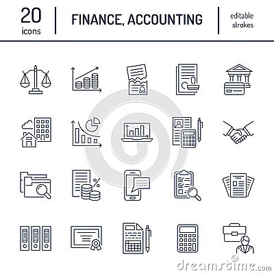 Financial accounting flat line icons. Bookkeeping tax optimization, firm dissolution, accountant outsourcing, payroll Vector Illustration