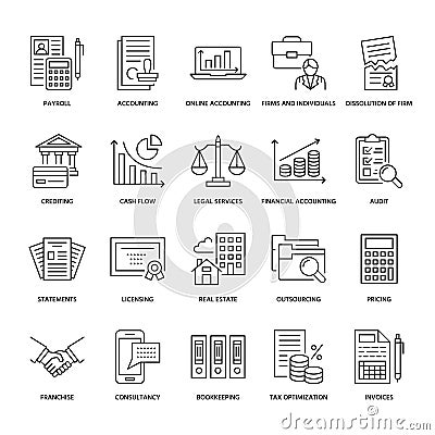 Financial accounting flat line icons. Bookkeeping, tax optimization, firm dissolution, accountant outsourcing, payroll Vector Illustration