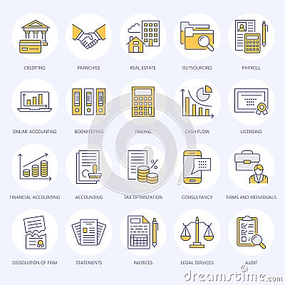 Financial accounting flat line icons. Bookkeeping, tax optimization, firm dissolution, accountant outsourcing, payroll Vector Illustration