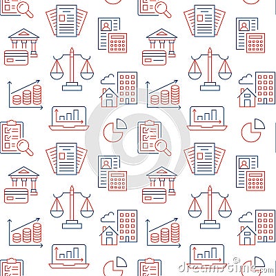 Financial accounting seamless pattern with flat line icons. Bookkeeping background, tax optimization, loan, invoice Vector Illustration