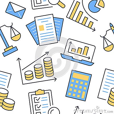 Financial accounting seamless pattern with flat line icons. Bookkeeping background, tax optimization, loan, payroll Vector Illustration