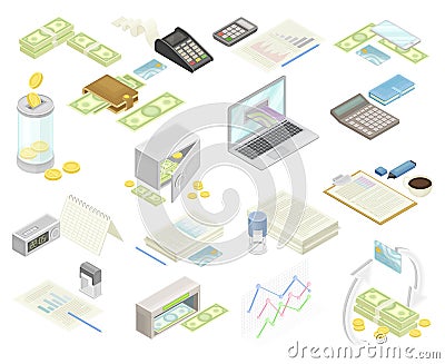 Financial Accounting with Summary, Analysis, Statement and Business Transaction Report Isometric Big Vector Set Stock Photo