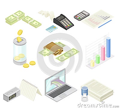 Financial Accounting with Summary, Analysis, Statement and Business Transaction Report Isometric Vector Set Vector Illustration