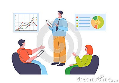 Financial advisor. Analyzing corporate or personal budget, calculate expenses and income. Man presenting audit data Vector Illustration