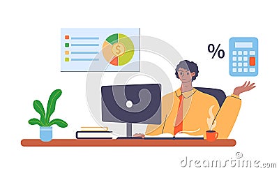 Financial advisor. Analyzing corporate or personal budget, calculate expenses and income Vector Illustration