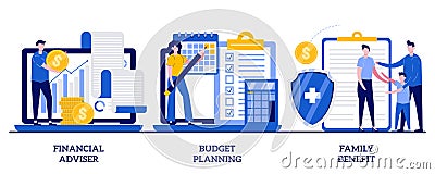 Financial advisor, budget planning, family benefit concept with tiny people. Money management abstract vector illustration set. Cartoon Illustration