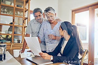 Financial advisor, budget and senior couple with bills, paperwork and insurance documents. Retirement, consultant and Stock Photo