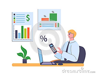 Financial advisor. Calculate expenses and income, business financial corporate data and planning. Male employee sitting Vector Illustration