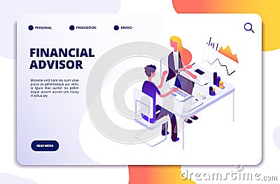 Financial advisor isometric concept. Business data analysis with professional team. Money investment management vector Vector Illustration