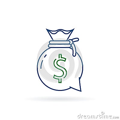 Financial advisory, business consulting, investment assistance, finance guidance, money bag, mono line icon. Cartoon Illustration