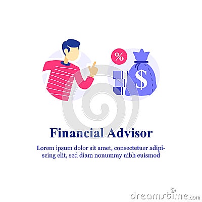 Financial advisory, investment advice, consulting expert, stock market investor strategy, fast cash loan, micro lending Vector Illustration