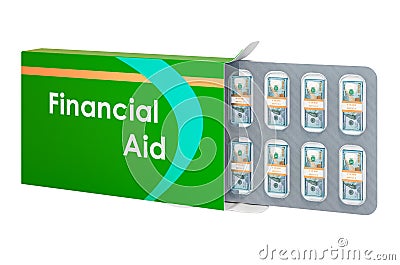 Financial Aid concept, Pack of dollars as pills in blister pac. 3D rendering Stock Photo