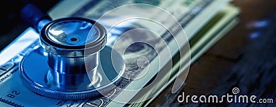 Financial analysis, auditing or business concept. Symbolic image of US Dollar banknotes with stethoscope. Horizontal image Stock Photo