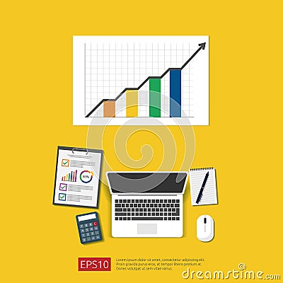 Financial Analysis business, financial statistic and management concept. Workplace desk top view with grow up chart bar document, Vector Illustration