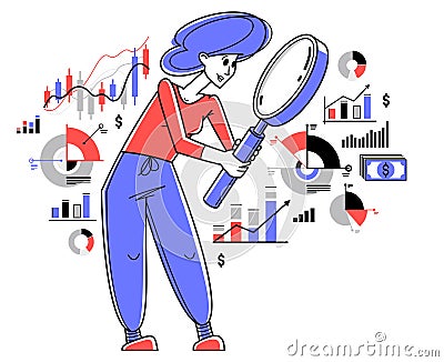 Financial analytics vector outline illustration, analytic with magnifying glass making inquiry about finances, financier reviewing Vector Illustration