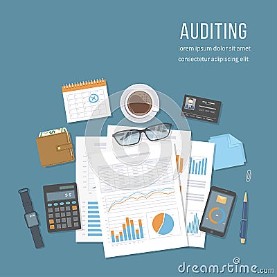 Financial audit, accounting, analytics, data analysis, report, research. Documents with charts graphs Vector Illustration