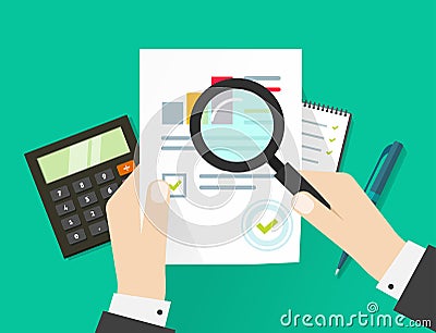 Financial audit, auditing tax process, paper sheet with hands Vector Illustration