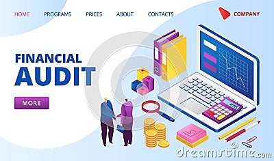 Financial audit landing web page vector illustration. Magnifying glass, analysis of financial report. Finances and Vector Illustration