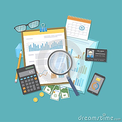 Financial audit, report, analysis. Business research, planning accounting, tax calculation. Magnifying glass over documents Vector Illustration