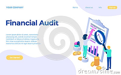 Financial audit service concept analysing chart landing page Vector Illustration
