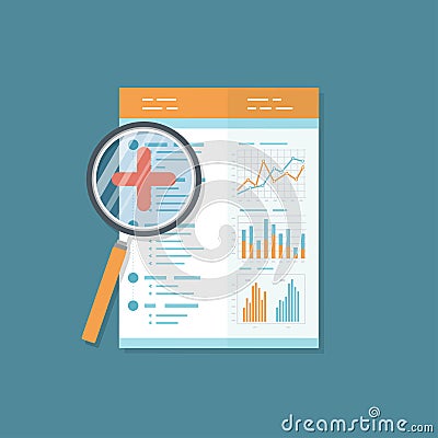 Financial Auditing report, document with magnifying glass. Audit result. icon. Charts graphs on a paper. Vector Illustration