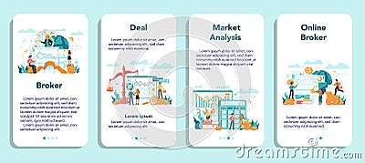 Financial broker mobile application banner set. Income, investment Vector Illustration