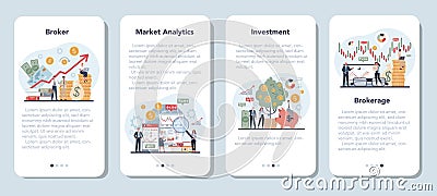 Financial broker mobile application banner set. Income, investment Vector Illustration