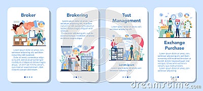 Financial broker mobile application banner set. Income, investment Vector Illustration