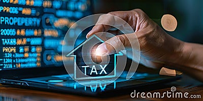 Financial burden of property taxes symbolized by person holding transparent screen or card with words PROPERTY TAX displayed Stock Photo