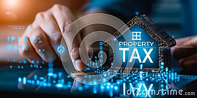 Financial burden of property taxes symbolized by person holding transparent screen or card with words PROPERTY TAX displayed Stock Photo