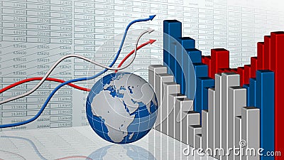 Financial and business chart and graphs - Business background with globe and trend lines on transparent calculation projection Cartoon Illustration