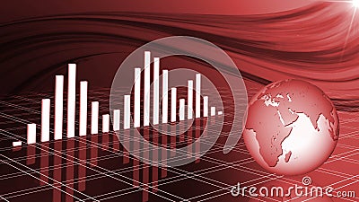 Financial and business chart and graphs with reflections on the floor - Business background in red colour with globe and waves Cartoon Illustration