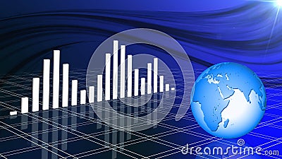 Financial and business chart and graphs with reflections on the floor - Business background in blue colour with globe and waves Cartoon Illustration