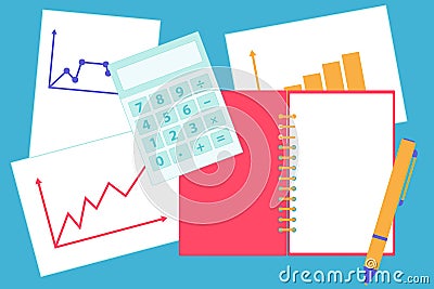 Financial calculations. Office table with graph and calculator. Vector illustration Vector Illustration