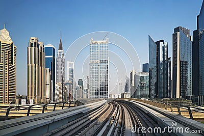 Financial center with skyscrapers and subway rails Editorial Stock Photo