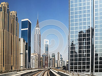 Financial center with skyscrapers and subway rails Editorial Stock Photo
