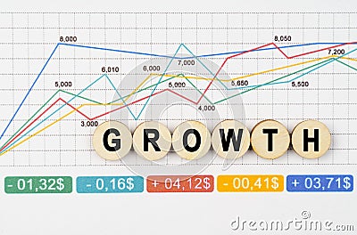 On the financial charts are wooden mugs with the inscription - GROWTH Stock Photo